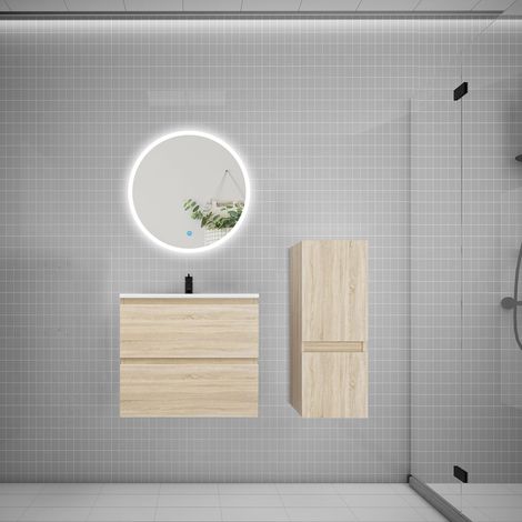 Ensemble meuble vasque L.60cm 2 tiroirs + lavabo + LED miroir rond 60cm + colonne,chêne