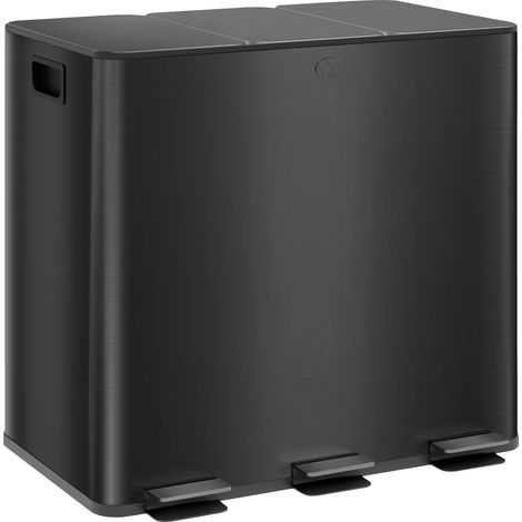 Poubelle à 3 compartiments de 15 L, couvercle désodorisant, anti-traces de doigts, fermeture amortie, amovible, noire