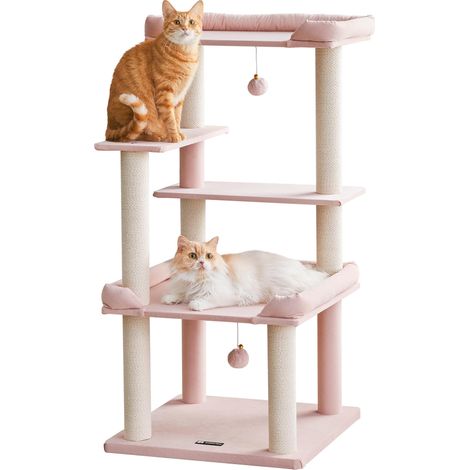 Arbre à chat de 114 cm de haut, tour à chat avec grande plate-forme, arbre d'escalade à plusieurs niveaux pour chats d'intérieur, facile à grimper avec griffoir en corde de coton et lin doux (1/5)