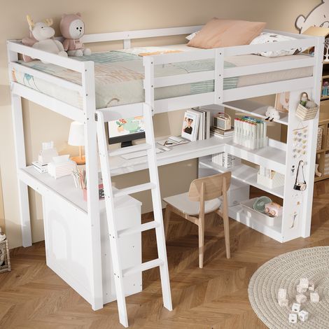 Lit surélevé enfant, mezzanine avec étagère de rangement, barrière de sécurité, poche en feutre pour accessoires, échelle inclinée robuste, pin + panneau de particules + contreplaqué, blanc, 90x200 cm (1/5)