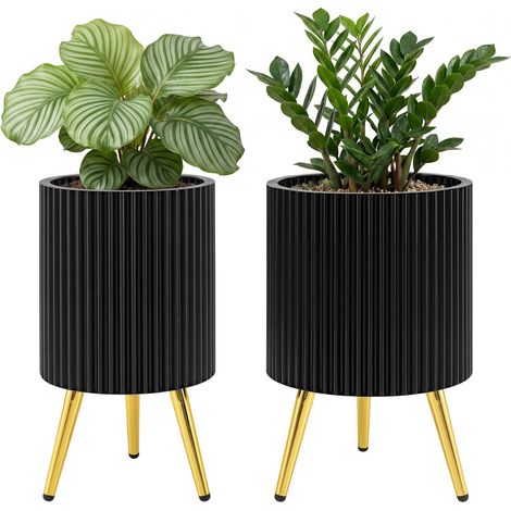 COSTWAY Lot de 2 Pot de Fleur Exterieur sur Pied Métal, Cache-Pot Texturé (1/5)