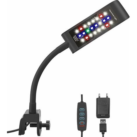 Clip LED pour aquarium, [RVB + lumière blanche] Variateur de luminosité à 10 niveaux pour aquariums de 20 à 30 cm et plantes aquatiques, noir (1/4)