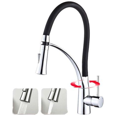 Robinet de Cuisine Noir,Mitigeur Cuisine D'évier Pivotants à 360 °avec Flexible Noir Tuyau en Silicone,Robinet Monocommande en Acier Inoxydable - 2 types de jet - Mitigeur moderne (1/5)