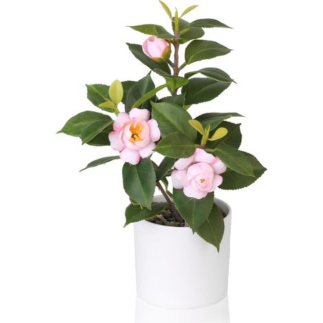 Plante artificielle en pot - 28 cm - Camélia vert - Petites plantes artificielles en pot - Pour la maison, le bureau, le salon, l'étagère, la décoration - Rose (1/5)