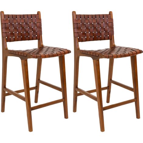 RIMINI - Lot de 2 Chaises Hautes en Teck et Lanières Cuir Marron (1/5)