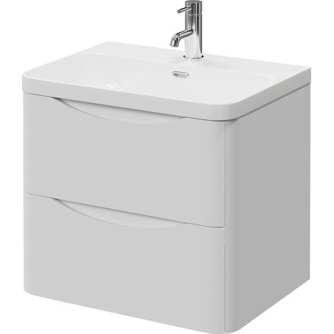 Vela Satin White 600mm Wall Mounted 2 Drawer Vanity Unit with Fina Basin (1/5)