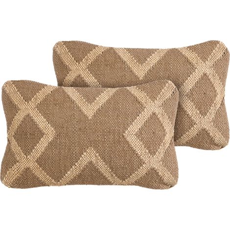 Set of 2 Scatter Cushions Light Brown and Beige Jute and Wool 30 x 50 cm Geometric Pattern Faded Colours GOPI (1/5)