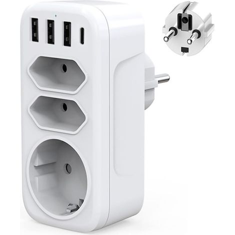 Multiprise Murale USB C Adaptateur Prise Electrique 4000W Chargeur USB Multiple avec 3USB + Type c, 1 Prise Schuko et 2 Prises Euro pour Maison,Cuisine et Bureau