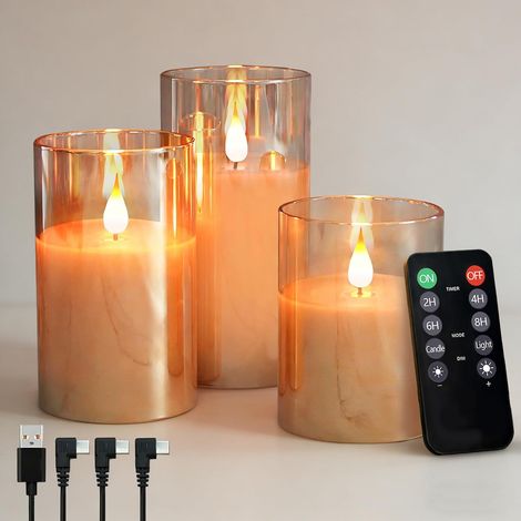 Bougies LED sans flamme - Lot de 3 - Cire véritable et verre doré - Avec télécommande et minuterie - Décoration intérieur salon chambre - Taille standard (1/5)