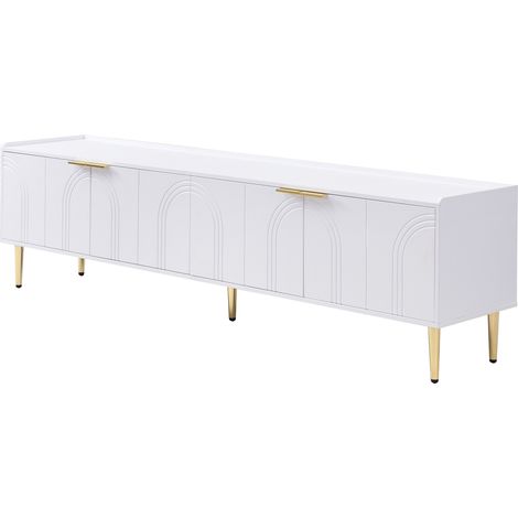 Meuble TV blanc avec portes sculptées, poignées et pieds dorés, 170 x 35 x 47,5 cm (1/5)