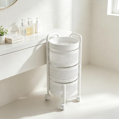 Chariot rangement cuisine rotatif 360 degrés acier carbone 3 paniers maille blanc roulettes poignée (1/5)