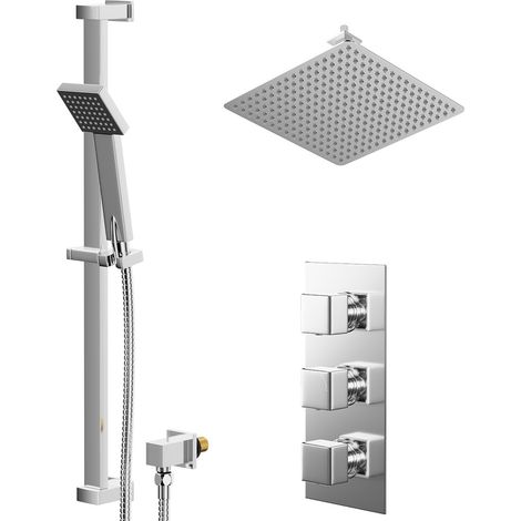 Cubix Polished Chrome Concealed Triple Thermostatic Shower Valve and 400mm Thin Square Fixed Head with 150mm Ceiling Arm and Thames Slide Rail Kit with Square Elbow - 2 Outlet (1/5)