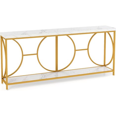 Consola de dos niveles 180 x 30 x 80 cm elegante acabado liso estructura de metal dorado MDF blanco 200013847