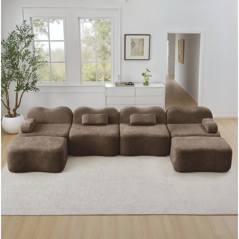 Modulares U-Sofa 4-Sitzer mit 2 Ottomanen, 384 x 167 x 70 cm, Samt, Braun HAVRYA (1/5)