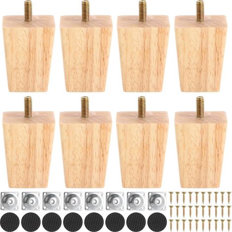 Lot de 8 Pieds de Meuble en Chêne Massif 6cm - Pieds de Canapé Carrés avec Boulon M8 - Pied de Lit et de Placard Robuste avec Plaques de Montage et Patins pour Rénovation de Meubles DIY (1/5)