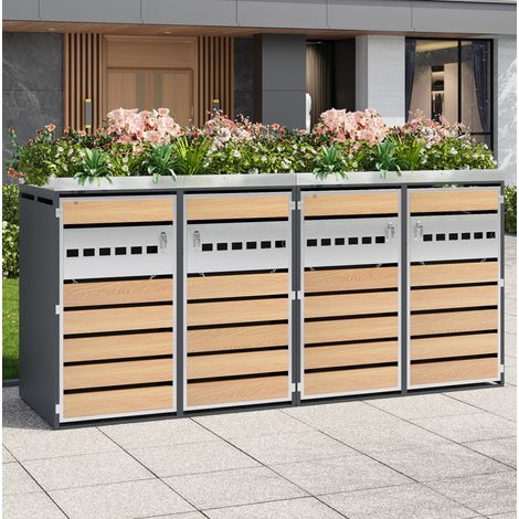 Mueble de jardín cubrecontenedores 4 compartimentos con jardinera, gris y madera DESVIAE