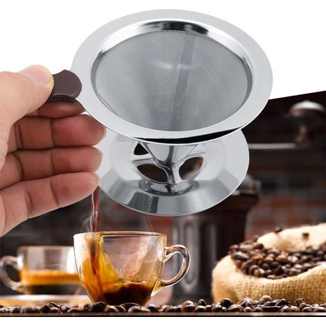 Filtre à café réutilisable en acier inoxydable, double couche, porte-filtre avec support tasse, infuseur durable (1/5)