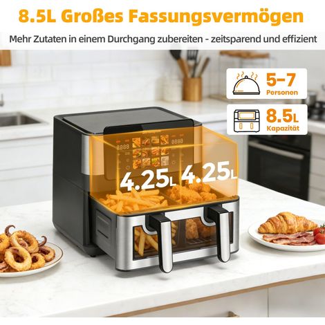 Friteuse à air 8,5 L double chambre 12 programmes écran tactile fenêtre vue,température max 200°C.