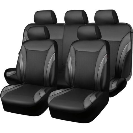 Luxuriöses, universelles 9-teiliges Autositzbezug-Set – schwarz mit Carbon-Optik, Kunstleder und atmungsaktivem Textil.