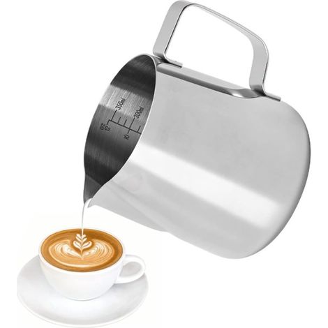 Lattiera da 350 ml, lattiera in acciaio inox per montare il latte, piccola lattiera da barista, brocca per montare il latte con tacche di misurazione, per E (1/5)