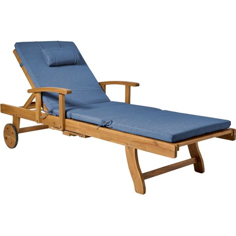 Garden Sun Lounger Acacia Wood with Fabric Blue Cushion Outdoor UV Water-Resistant Reclining with Wheels JAVA PREMIUM