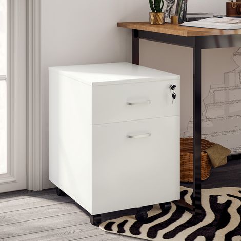Cajonera de oficina de 2 cajones con 5 ruedas, armario de oficina de aglomerado con cerradura, 40x49x58 cm, blanco