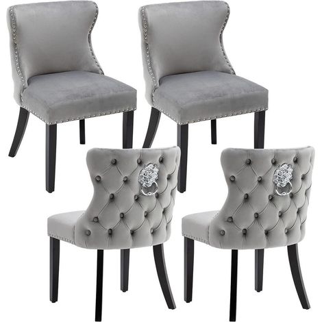 Lot de 4 chaises de salle à manger en velours gris, capitonnées, pieds bois (1/5)