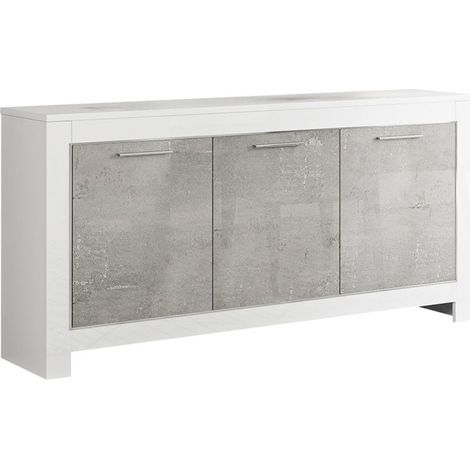 DENAE - Buffet 3 Portes L160cm Laqué Blanc Brillant et Gris Marbré (1/2)