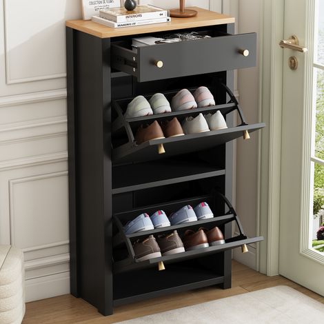 Meuble à chaussures 50x25x95 cm noir et décor bois en MDF avec 1 tiroir, 2 abattants et étagères réglables (1/5)