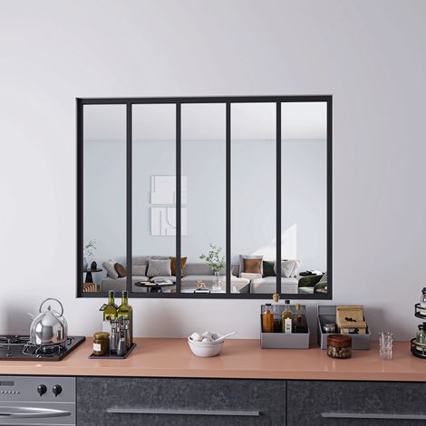 Parete Vetrata Interna 153x108 cm in Vetro Temperato Trasparente da 4 mm 5 Lastre Corniciate Profilo Nero Opaco Divisorio da Casa