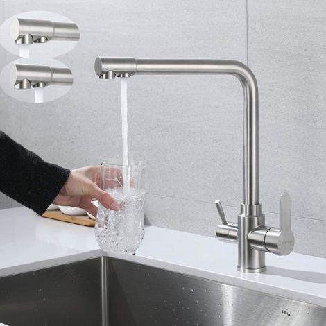 Grifo de cocina de tres vías, grifo de agua potable con doble rosca, grifo tres en uno insumergible, agitador giratorio de 360°, con dos caños. (1/5)