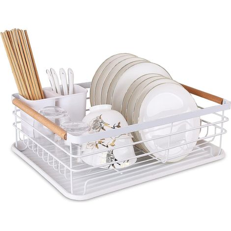 Dish Drainer Rack With Removable Drip Tray, Metal Kitchen Dish Drying Rack Organiser With Wooden Handles, Dish Rack (1/5)