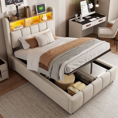 Cama tapizada (215x90x110 cm), con LED de color cambiante, almacenaje hidráulico, puertos USB y Type C, lino beige (1/5)