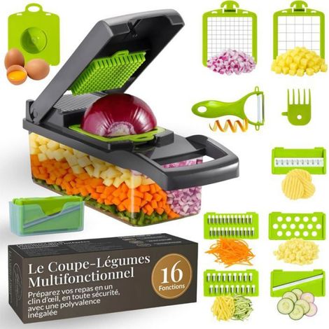 Mandoline Cuisine 16 En 1 - 7 Lames Acier Inox - Coupe Legumes Manuel - Râpe Julienne - Pour Oignon ACCESSOIRES FABRICATION MAISON (1/4)