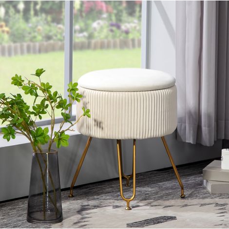 Tabouret de rangement rond avec couvercle, effet velours, Ø40 x 48 cm, crème blanc HAVRYA (1/5)