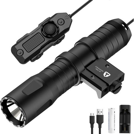 Tactical Flashlight 1250 Lumens Picatinny Rail Rechargeable Flashlight with Pressure Switch