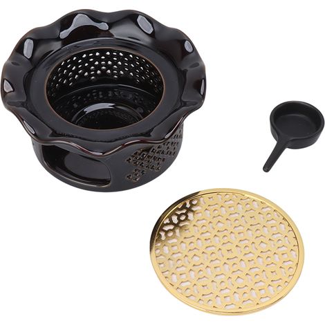 Chauffe-théière en Céramique et Alliage avec Support Bougie, Design Ajouré et Volanté, Couleur Cuivre Noir et Marron (1/5)