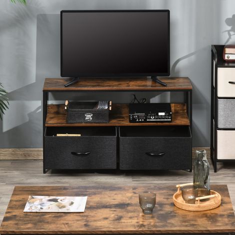 Meuble télévision à roulettes pour écrans jusqu’à 47 pouces, avec étagère et 2 tiroirs pliants en tissu, meuble TV bas rustique brun 98x29x56 cm pour salon, chambre et séjour. (1/5)