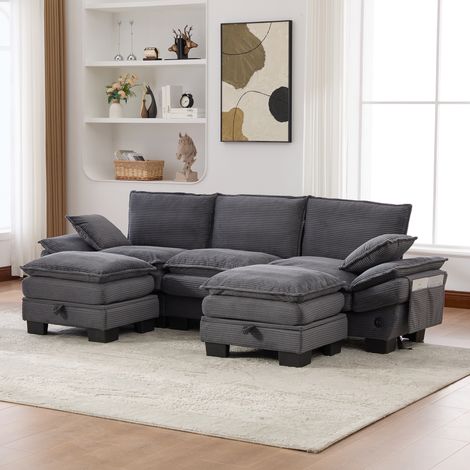 Canapé 3 Places 260x132cm - Tissu Corduroy Doux - Avec 2 Hockers Rangement - Port USB-C - Poches Latérales - Capacité 220kg - gris