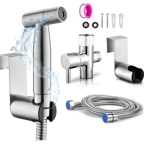 Spruzzatore per bidet in acciaio inossidabile, kit spruzzatore per bidet, spruzzatore per rubinetto (argento, set di tubi flessibili a parete) (1/5)