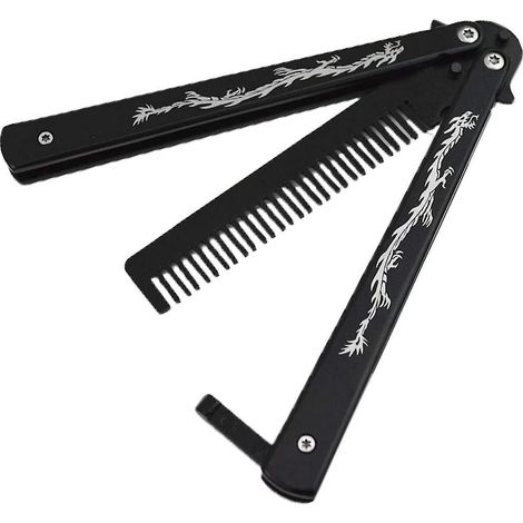 butterfly Comb Stainless Steel Folding Comb Balisong Metal Comb Tool, Black (1/5)