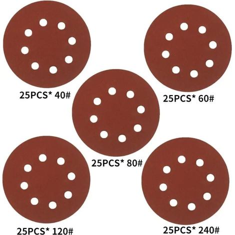 Disques de polissage ronds de 5 pouces - grain 40-125, 8 trous, 125 pièces (1/5)
