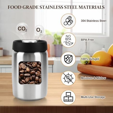 Lot de 2 boîtes à café sous vide de 283 grammes (10 oz), récipient de conservation hermétique en acier inoxydable 304, pour conserver les grains de café, le café moulu et le thé (argent 2) (1/5)