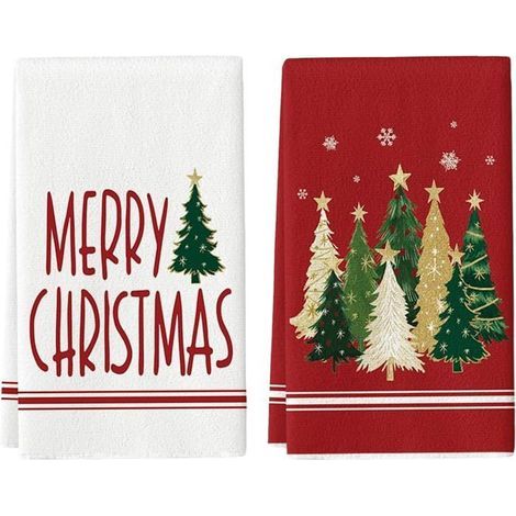 Set of 2 Christmas tree patterned kitchen towels, 40 x 60 cm, polyester. (1/5)