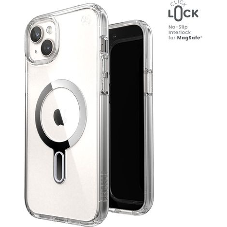 Custodia Speck Presidio Perfect-Clear ClickLock & Magsafe per iPhone 15 Plus / iPhone 14 Plus (Trasparente / Finitura cromata / Argento sereno) (1/5)