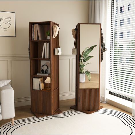 Armadio specchio 4 in 1 50x50x170 cm, girevole a 360°, con specchio intero, ripiani e 6 ganci, vetro e MDF noce (1/5)