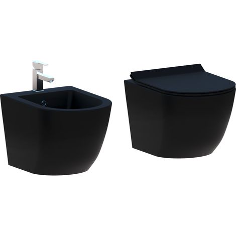 Coppia Sanitari Sospesi Rimless Senza Brida Serie New Bent Nero Opaco Coprivaso Soft-Close Incluso (1/5)