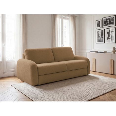 BOBOCHIC - Canapé droit convertible KENAN ouverture express tissu bouclette  140x196 Jaune