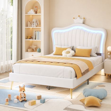 MEUBLIV Lit enfant 90x200 cm blanc – LED et tête de lit couronne, sans matelas (1/5)