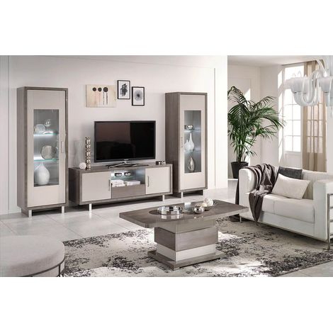 AUXANE - Pack Salon Meuble TV Led + Table Basse + 2 Vitrines Led Gris Metallisé et Mat (1/5)